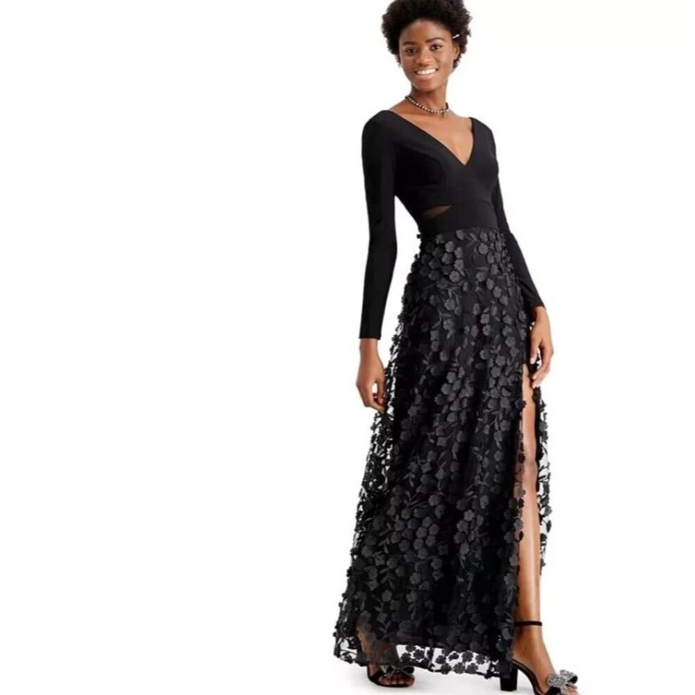 Xscape Black Mesh Cutout Flower Long Sleeve Gown Size 6 $279
